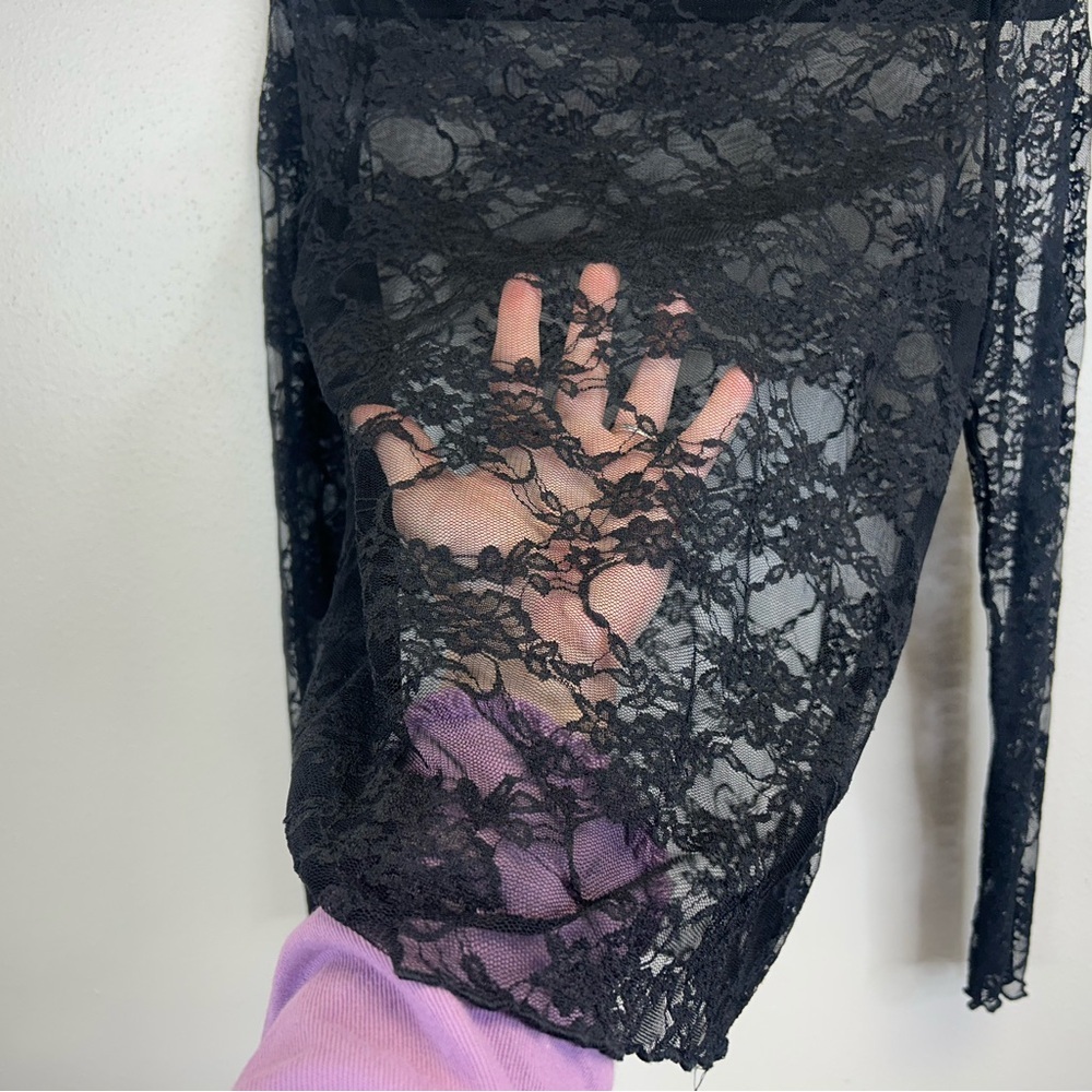 Emerson Lang Y2K Black Lace Sheer Top Womens XL Long Sleeve Goth Witchy Vampire - Picture 5 of 10